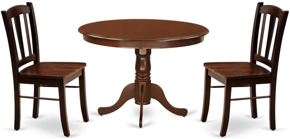 East West Furniture HLDL3-MAH-W 3 Piece Kitchen Table Set for Small Spaces Contains a Round Dining Room Table with Pedestal and 2 Solid Wood Seat Chairs, 42x42 Inch, Mahogany