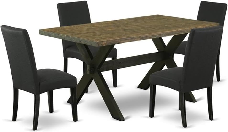 East West Furniture X676DR124-5 5 Piece Dining Room Table Set Includes a Rectangle Kitchen Table with X-Legs and 4 Black Color Linen Fabric Parson Dining Chairs, 36x60 Inch, Multi-Color