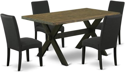 East West Furniture X676DR124-5 5 Piece Dining Room Table Set Includes a Rectangle Kitchen Table with X-Legs and 4 Black Color Linen Fabric Parson Dining Chairs, 36x60 Inch, Multi-Color