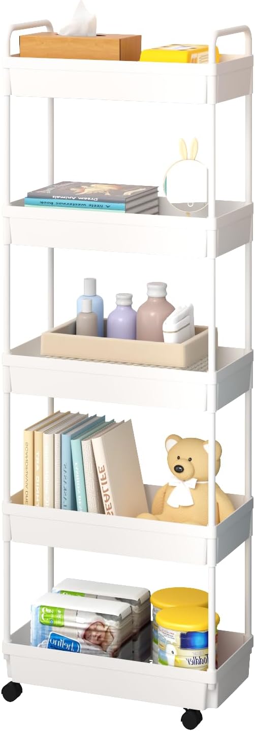 5-Tier Storage Cart，Shelf Organizer Mobile Shelving ，Utility Rolling Cart，Multifunction Movable Storage Organizer with Lockable Wheels,White