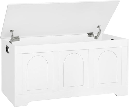 DINZI LVJ Storage Chest, 39.4”Wooden Storage Box with 2 Safety Hinges, Entryway Shoe Bench with Flip-Top, Trunk for Living Room, Bedroom, Easy Assembly, White