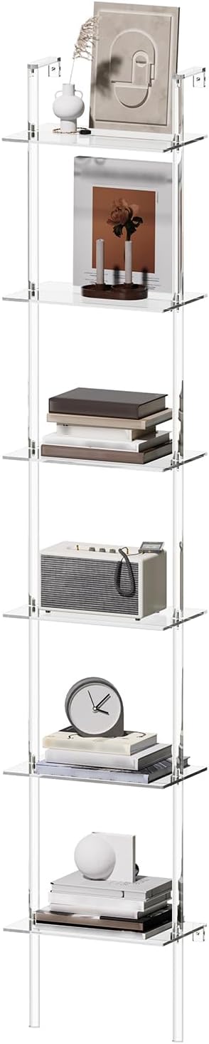 Small Acrylic Ladder Bookshelf, 9.5" D x 15.6" W, 6-Tier Clear Wall Mounted Book Shelf for Small Spaces, Multipurpose Bookcase for Living Room, Bathroom, Office, Modern, 86" H