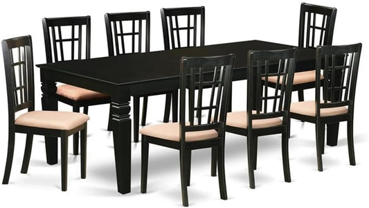 East West Furniture LGNI9-BLK-C 9 Piece Dining Room Furniture Set Includes a Rectangle Kitchen Table with Butterfly Leaf and 8 Linen Fabric Upholstered Chairs, 42x84 Inch, Black