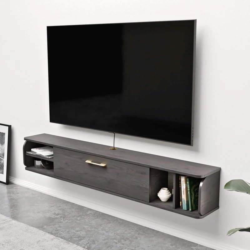 Floating TV Unit, 58'' Wall Mounted TV Cabinet, Floating Shelves with 4 Cabinets, Wooden Entertainment Media Console Center Large Storage TV Bench for Living Room & Office (58IN, Dark Grey)