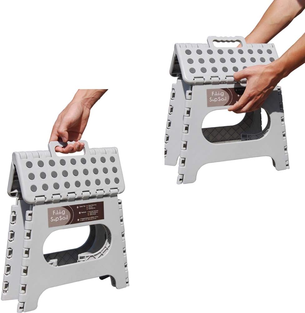 Non-Slip Folding Step Stool, Sturdy Safe Enough - Holds up to 300 Lb - 11 inch Footstool for Adults or Kids, Folding Ladder Storage/Opens Easy, for Kitchen,Toilet,Camping (Light Grey, 11'')