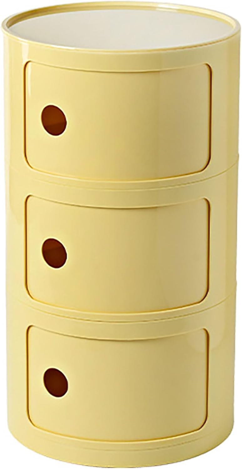 3 Tier Round Nightstand with Drawers, Light Yellow Round Side Table Small Plastic Storage End Table Suitable for Bedroom, Living Room, Bathroom (Light Yellow)