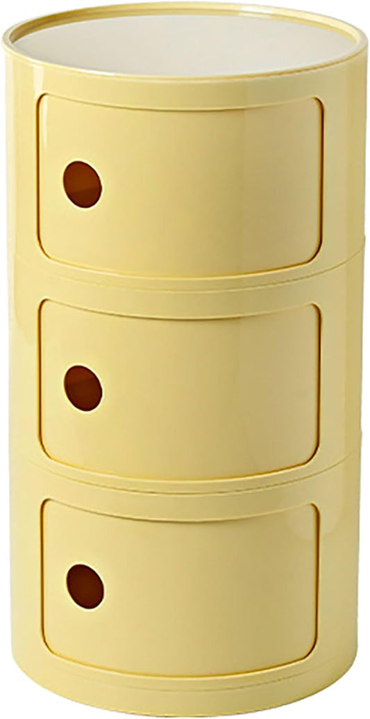 3 Tier Round Nightstand with Drawers, Light Yellow Round Side Table Small Plastic Storage End Table Suitable for Bedroom, Living Room, Bathroom (Light Yellow)