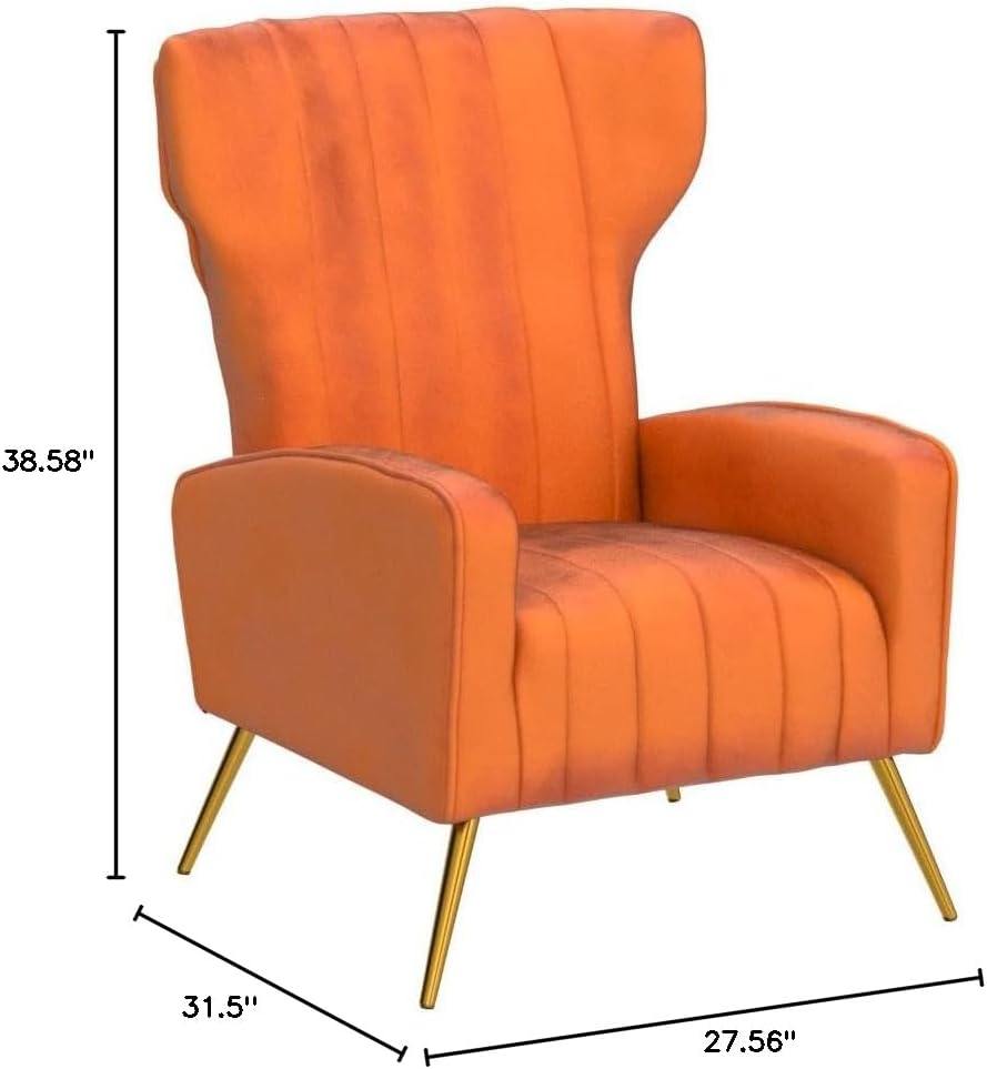 Container Furniture Direct Modern Velvet Accent Chair, Channel Tufted Bedroom, Office or Living Room Furniture with Elegant Metal Legs, 26" Wide Armchair, Orange Red