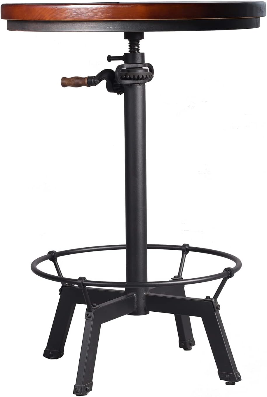 LOKKHAN Industrial Bar Table-33.5-39.4 Inch Tall-Adjustable Bar Height Pub Table-23.7 Inch Swivel Round Wood Top Metal Base-Easily Adjusts by Crank Handle