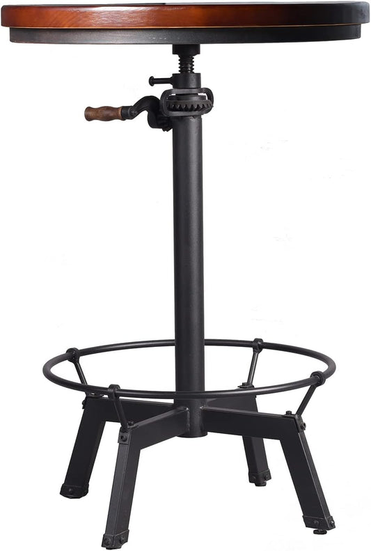 LOKKHAN Industrial Bar Table-33.5-39.4 Inch Tall-Adjustable Bar Height Pub Table-23.7 Inch Swivel Round Wood Top Metal Base-Easily Adjusts by Crank Handle