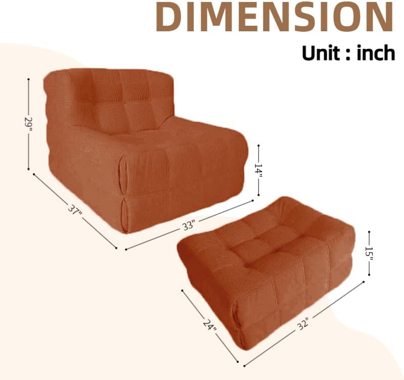 Bean Bag Chair - Memory Foam Bean Bag Chair for Adults, Comfy High-Resilience Single Sofa, Small Space Floor Chair, Chaise Lounge for Living Room, Bedroom (Orange, Square + Ottoman)