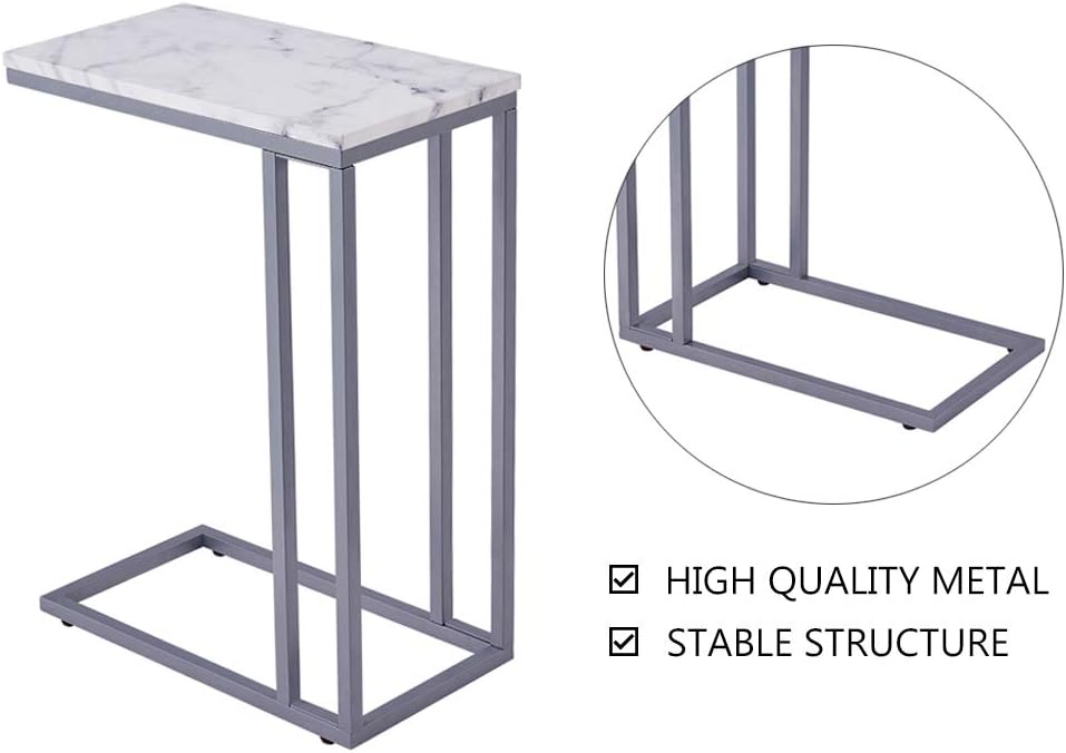 C-Shape Side End Table, Faux Marble Tray Snack Table with Metal Frame, Laptop Coffee Holder, Modern Furniture (Silver)