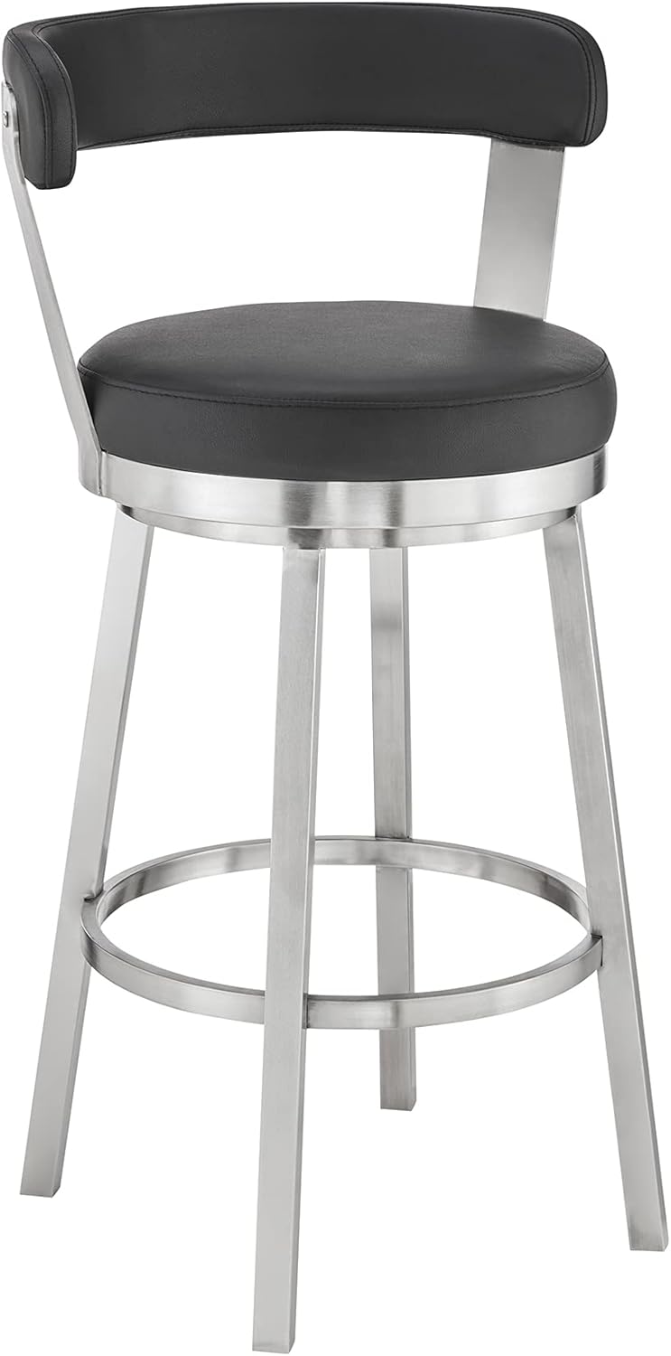 Armen Living Bryant Modern 26" Seat Height Black Faux Leather and Brushed Stainless Steel Metal Swivel Bar Stool for Kitchen Island Counter