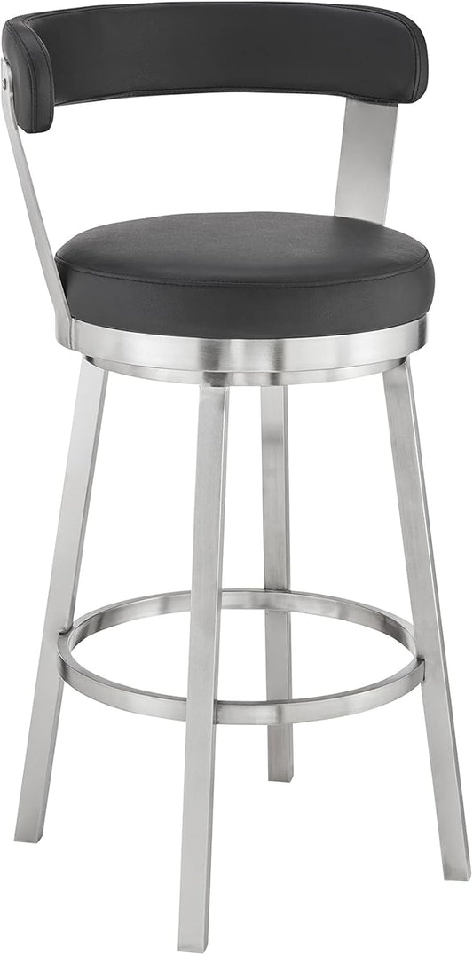 Armen Living Bryant Modern 26" Seat Height Black Faux Leather and Brushed Stainless Steel Metal Swivel Bar Stool for Kitchen Island Counter