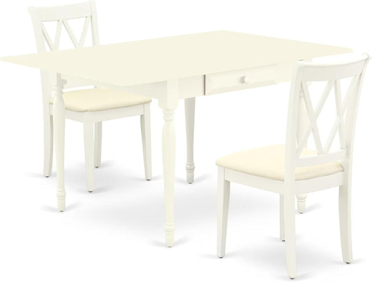 East West Furniture MZCL3-LWH-C 3 Piece Modern Dining Table Set Contains a Rectangle Wooden Table with Dropleaf and 2 Linen Fabric Kitchen Dining Chairs, 36x54 Inch, Linen White