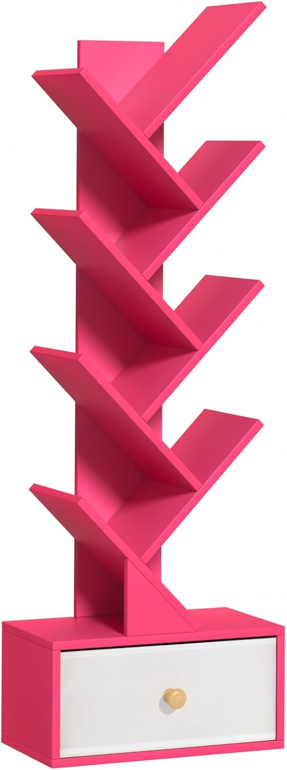 8 Tier Tree Bookshelf with Drawer, Free Standing Wood Bookcase for Narrow Space, Storage Organizer Bookshelves for Books, Book Case for Home Office, Living Room, Bedroom - Pink