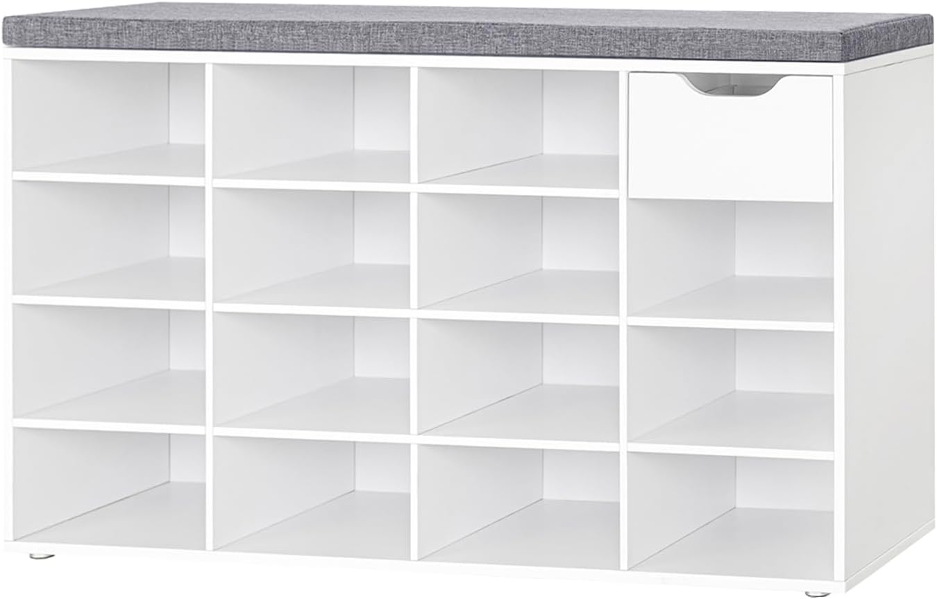 DINZI LVJ Shoe Bench, Entryway Storage Bench with Drawer and 15 Cubbies, Cubby Shoe Rack with Adjustable Shelves, Shoe Organizer Cabinet for Living Room, Bedroom, Mudroom, Closet and Garage, White