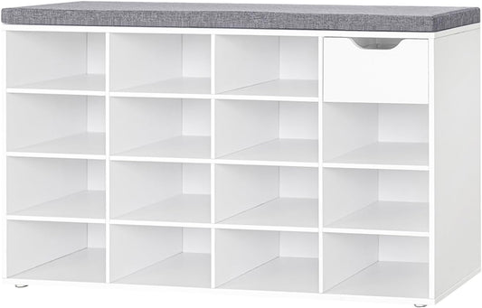DINZI LVJ Shoe Bench, Entryway Storage Bench with Drawer and 15 Cubbies, Cubby Shoe Rack with Adjustable Shelves, Shoe Organizer Cabinet for Living Room, Bedroom, Mudroom, Closet and Garage, White