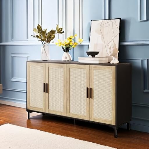 Sideboard - Buffet Cabinet with Storage, Rattan Kitchen Buffet Cabinet Accent Sideboard Cabinets with Doors, Coffee Bar Cabinets Rattan Sideboards for Living Room, Entryway, Black