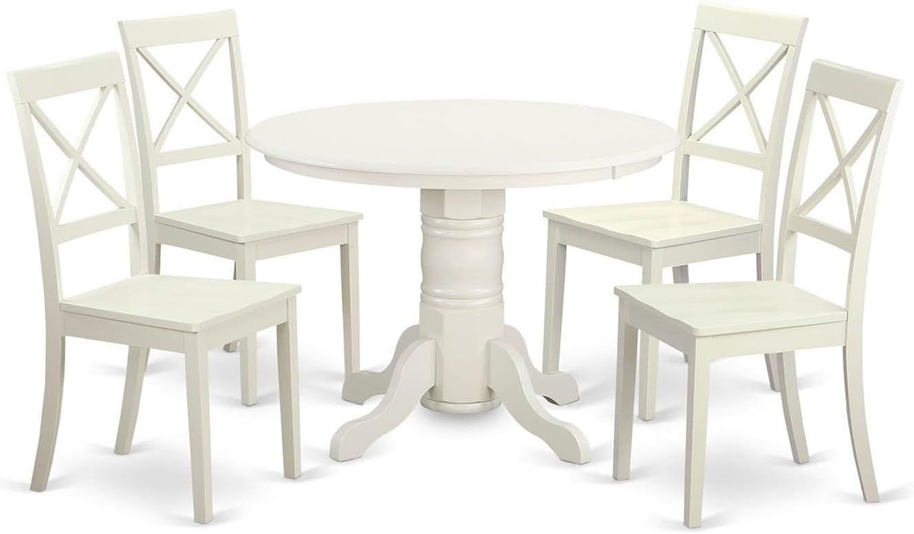 East West Furniture SHBO5-WHI-W 5 Piece Dining Room Table Set Includes a Round Wooden Table with Pedestal and 4 Kitchen Dining Chairs, 42x42 Inch, Linen White