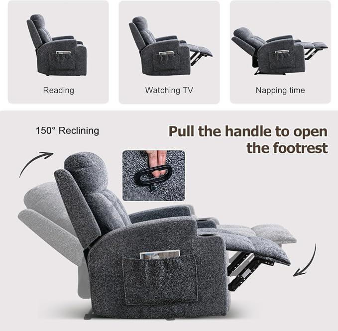 Phoenix Home Manual Recliner Chair with Massage and Heat Ergonomic Overstuffed Breathable Fabric Reclining Chair with 2 Side Pockets, 2 Cup Holders, Remote Control, Living Room, Bedroom, Dark Gray
