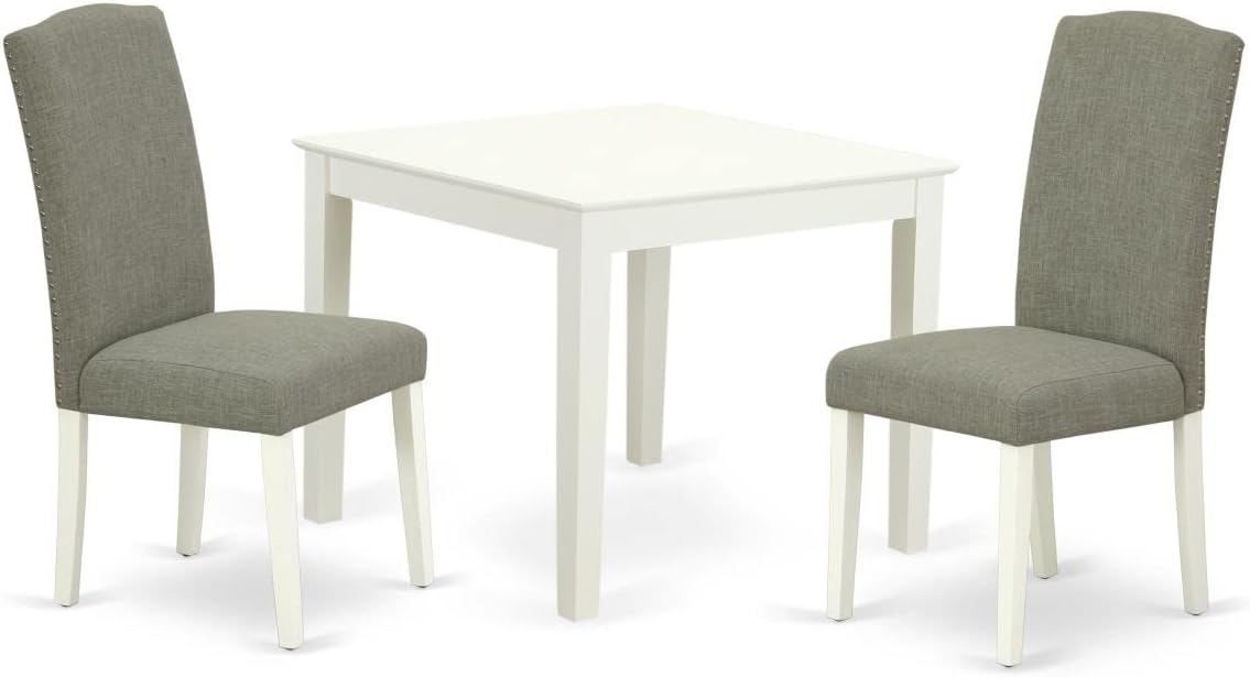 East West Furniture OXEN3-LWH-06 3 Piece Kitchen Table Set for Small Spaces Contains a Square Dining Room Table and 2 Dark Shitake Linen Fabric Upholstered Chairs, 36x36 Inch, Linen White