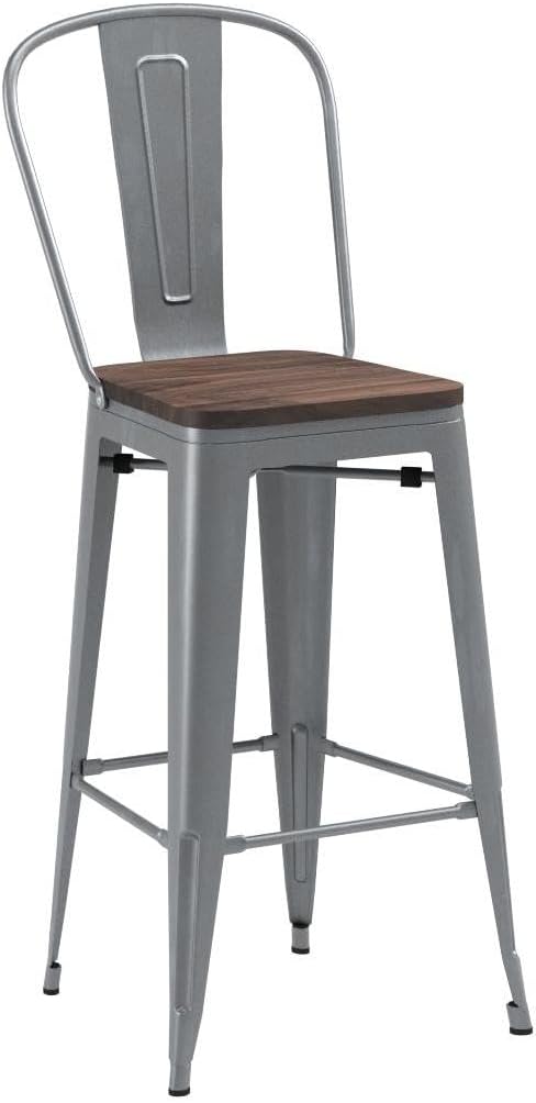 Yongqiang 30 inch Bar Stools Set of 4 Farmhouse Bar Height Stools High Back Kitchen Bar Chairs Silver Metal Barstools with Wooden Seat…