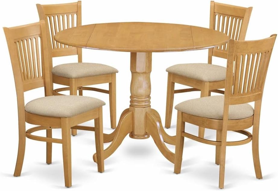 East West Furniture DLVA5-OAK-C 5 Piece Kitchen Table & Chairs Set Includes a Round Dining Room Table with Dropleaf and 4 Linen Fabric Upholstered Chairs, 42x42 Inch, Oak