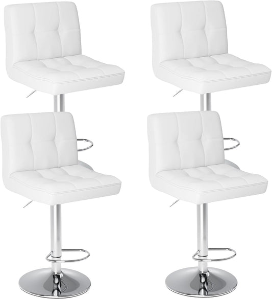 Sweetcrispy Bar Stools Set of 4, Armless PU Leather Adjustable Swivel Barstools, Hydraulic Kitchen Counter Height Thickened Seat Cushion Square Island Countertop Chairs with Back - Modern White