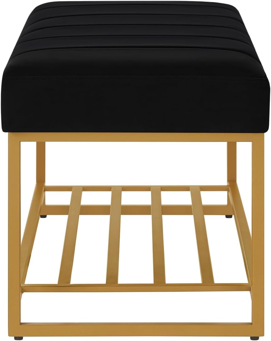 24KF Black Velvet Upholstered End of Bed Bench with Metal Shelf, Modern Tufted Channel Entryway Bench Footboard Bench for Living Room, Bedroom, Gold Bench,5036-Black