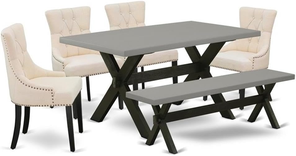 East West Furniture X696FR102-6 6 Piece Dining Set Contains a Rectangle Dining Room Table with X-Legs and 4 Light Beige Linen Fabric Parson Chairs with a Bench, 36x60 Inch, Multi-Color