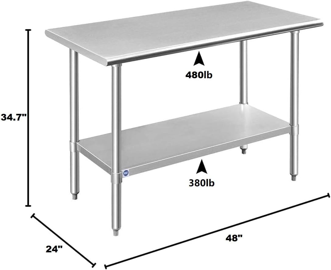 ROCKPOINT Stainless Steel Table for Prep & Work 24x48 Inches, NSF Metal Commercial Kitchen Heavy Duty Table with Adjustable Under Shelf and Table Foot for Restaurant, Home and Hotel