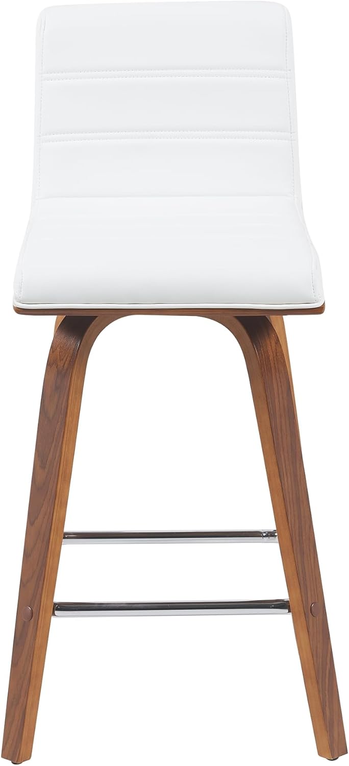 Armen Living Vienna Modern Swivel 26" Counter Height Barstool with White Faux Leather and Walnut Wood Finish