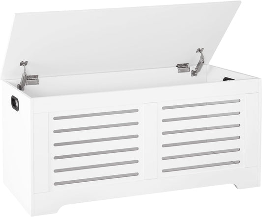 DINZI LVJ Storage Chest, 43.3” Wooden Toy Box with 2 Safety Hinges, Retro Entryway Shoe Storage Bench with Flip-Top, Sturdy Large Storage Trunk for Living Room, Bedroom, Easy Assembly, White