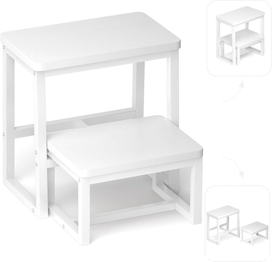 Step Stool for Adults & Kids,Holds up to 500Lb,3 in1 Heavy Duty Sturdy 2 tair Wooden StepStool for Kichen/Bathroom/High beds, Metal Frame, Non-Slip Pads