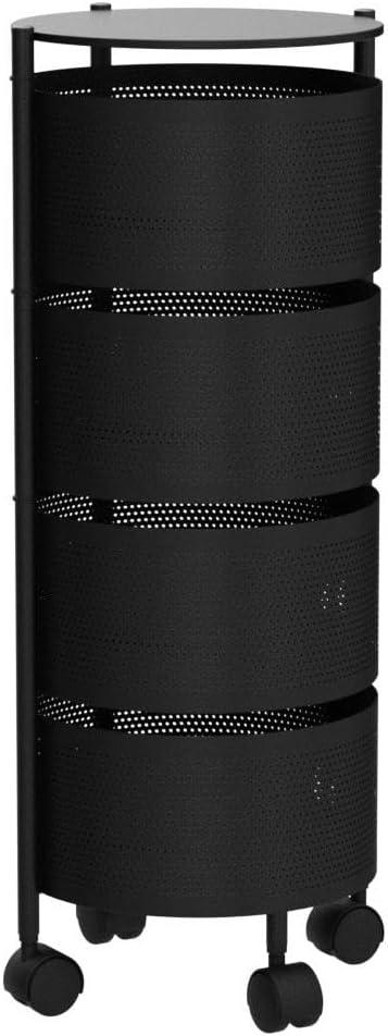 Kitchen Storage Rack No Assembly, 4-Tier Metal Storage Tower Cart Organizer on Rolling Wheels with Removal Basket for Fruit Vegetable Grocery Corns Potato Onion,Fruteros Para Cocina (4-Tier, Black)