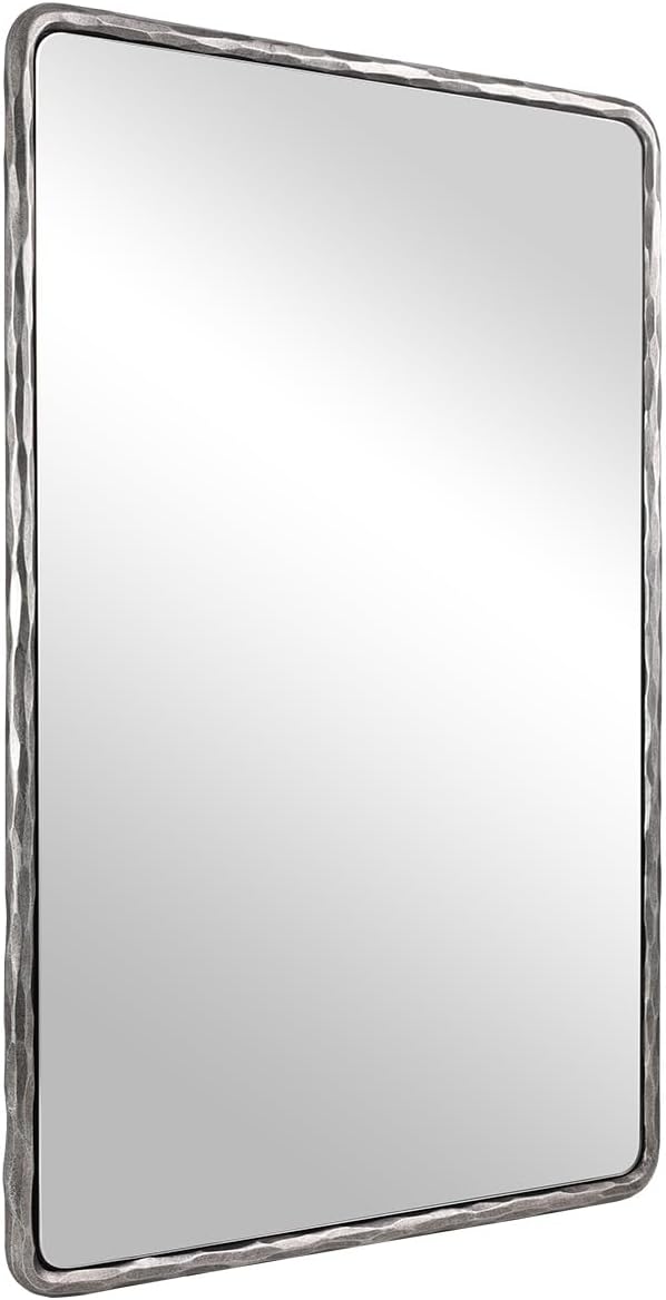 ANDY STAR Hand-Forged Silver Bathroom Mirrors for Wall, 30x40 Inch Vintage Solid Steel Metal Frame Bathroom Vanity Mirror, Antique Rounded Rectangle Wall Mirror, Hangs Horizontally or Vertically