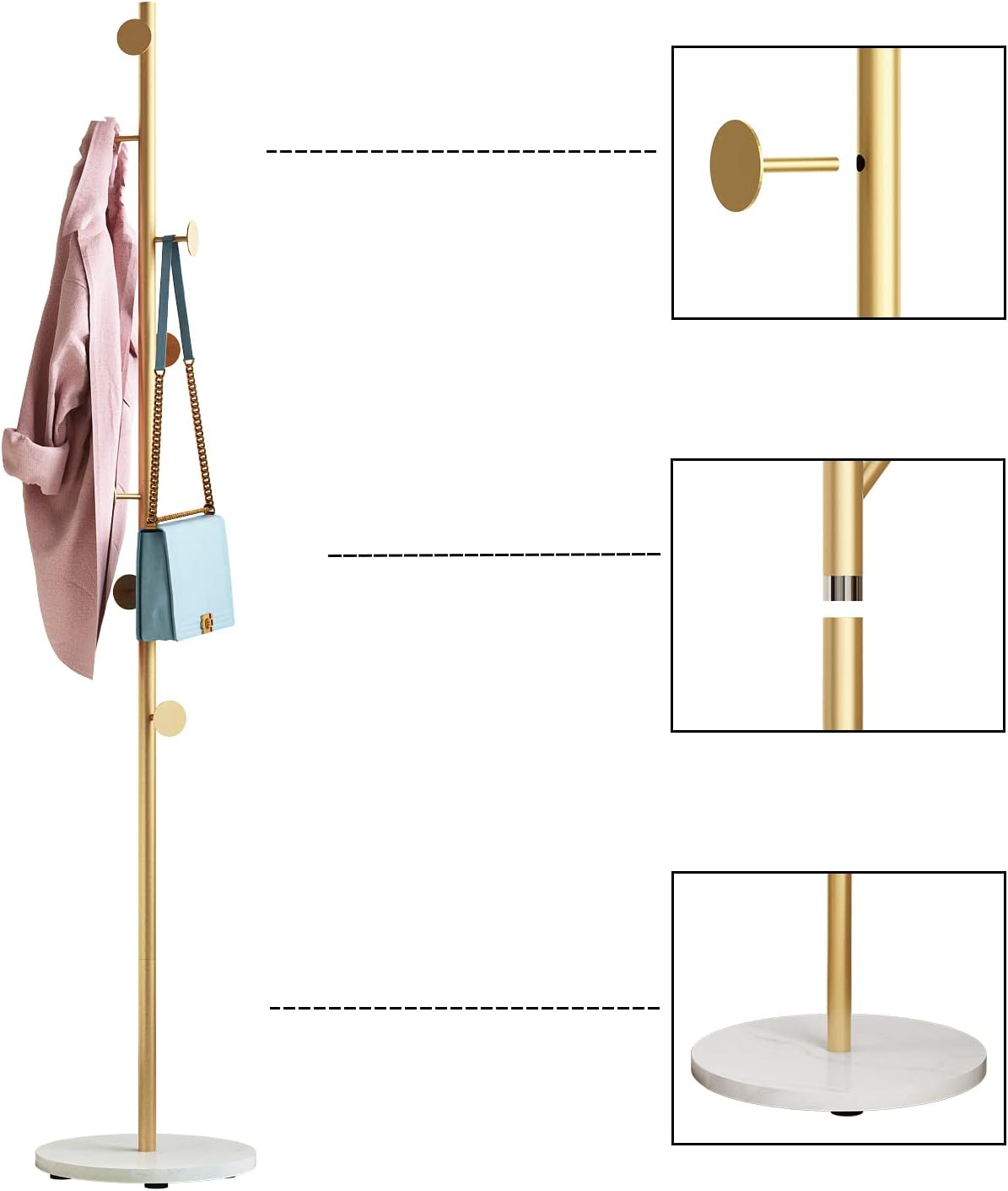 Gold Coat Racks, Metal Coat Rack Freestanding with Hooks, Entryway Coat Rack Stand, Coat Racks with Marble Base, Coat Tree for Hanging Clothes, Hats, Bags
