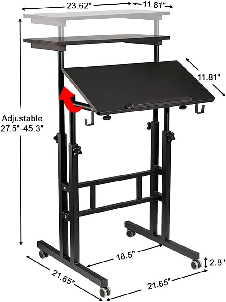 SIDUCAL Mobile Standing Desk, Portable Stand Up, Small Adjustable Converter with Wheels Home Office Workstation, Rolling Desk Laptop Cart for Standing or Sitting, Black