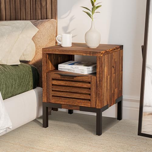 Bme Millie Solid Acacia Wood Rustic Nightstand with Drawers & Open Shelf, Pre-Assembled Modern Industrial Side Table for Bedroom or Living Room Use