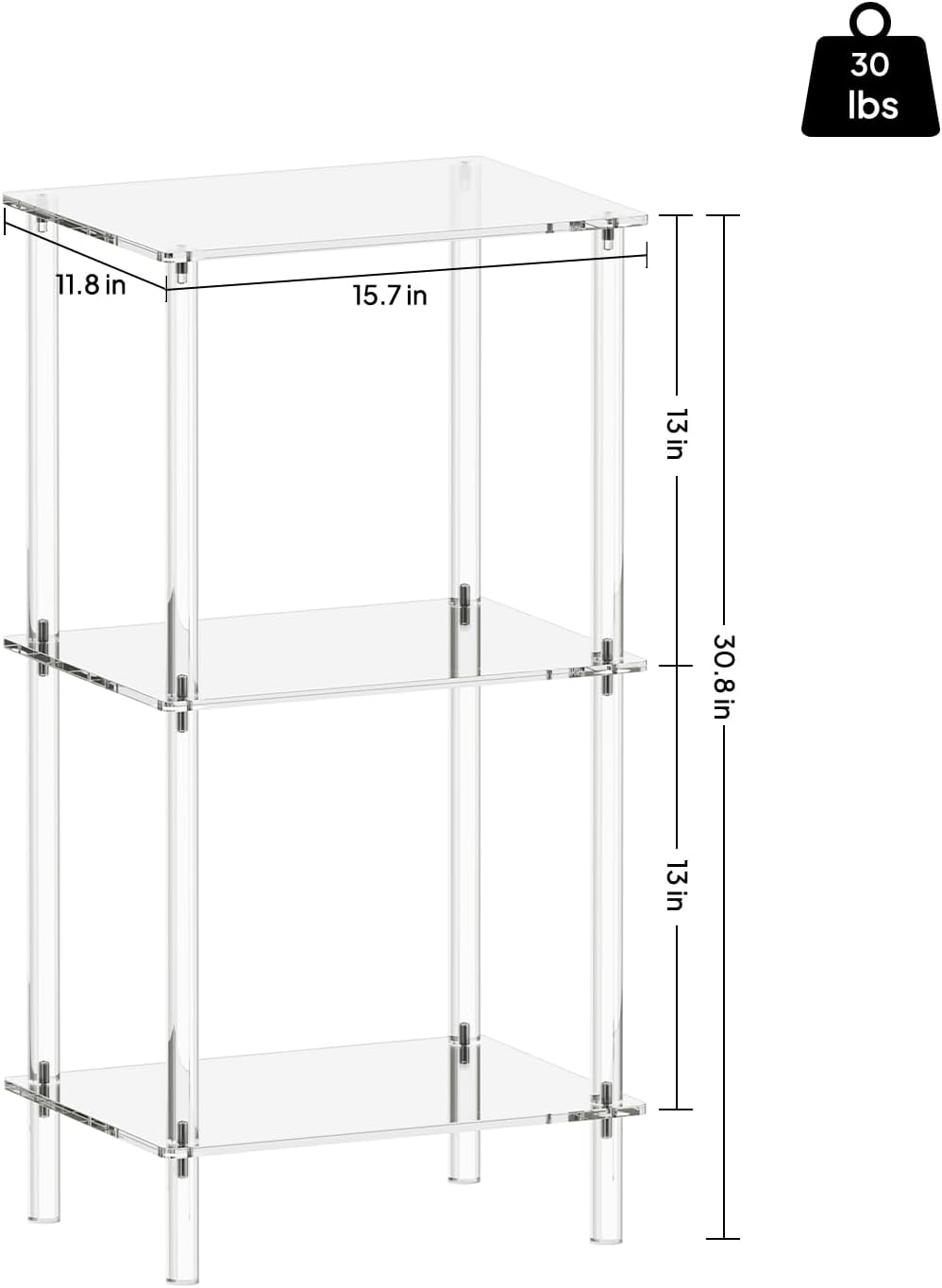 Aquiver Acrylic Tall Side Table - 3 Tier End Table for Small Spaces - Tall Nightstand Clear Bedside Table for Living Room, Bedroom - 15.7" L x 11.8" W x 30.8" H