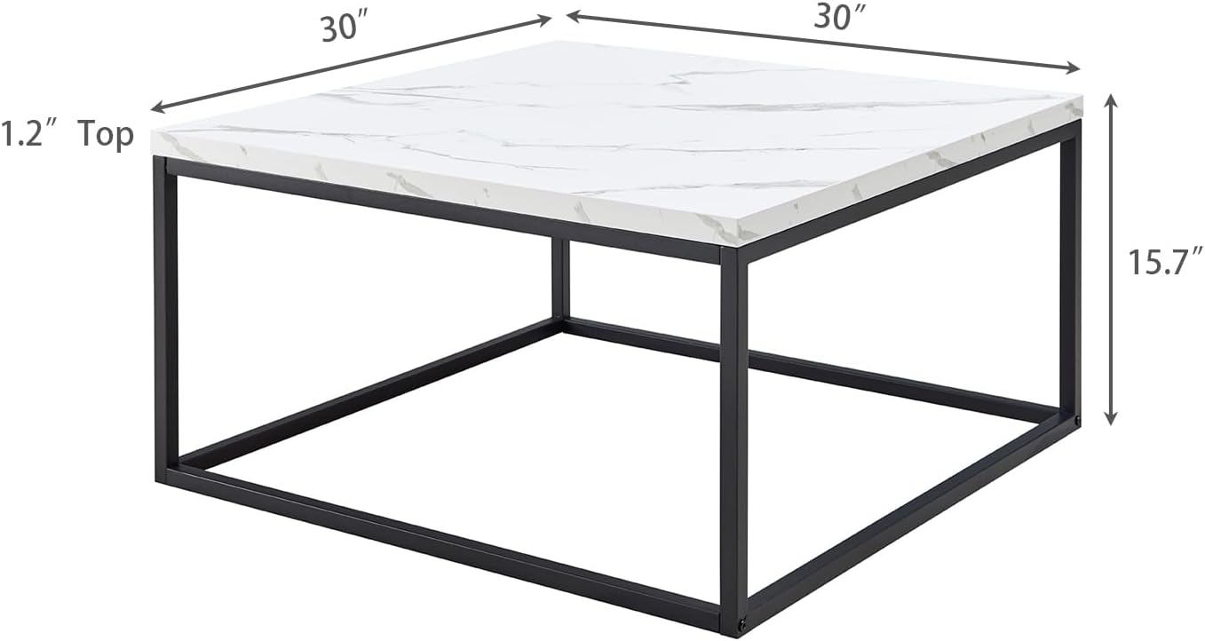 CENSI 30"x30" Marble Accent Coffee Table Ottoman for Living Room, Modern Industrial Style, 1.2" Extra Thick Tabletop (White Marble)