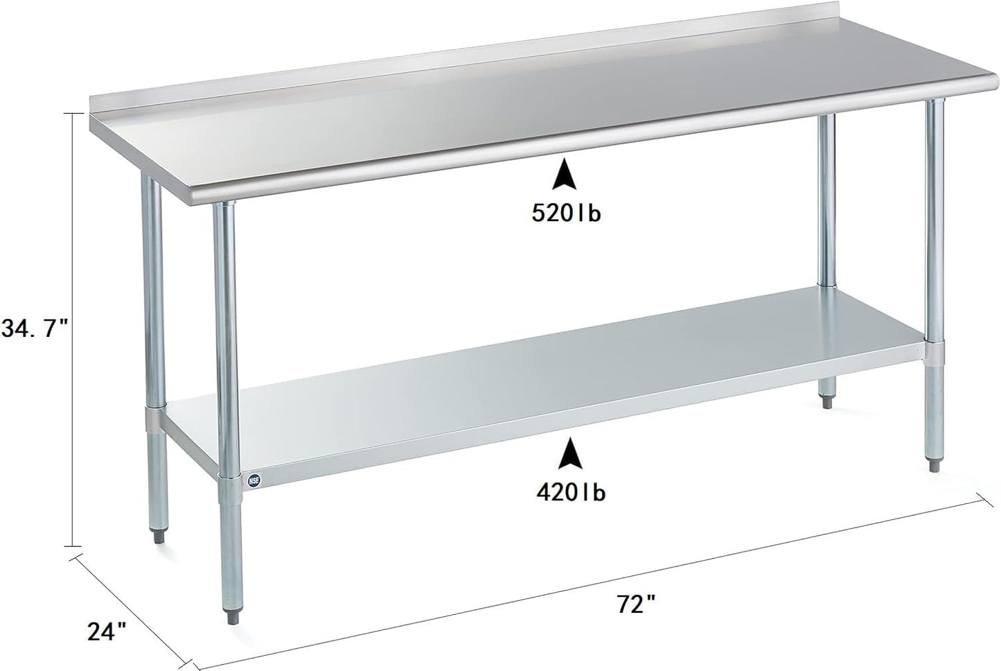 ROCKPOINT Stainless Steel Table for Prep & Work with Backsplash 24x72 Inches, NSF Metal Commercial Kitchen Table with Adjustable Under Shelf and Table Foot for Restaurant, Home and Hotel
