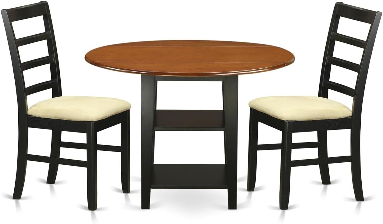 East West Furniture SUPF3-BCH-C 3 Piece Dining Room Table Set Contains a Round Kitchen Table with Dropleaf & Shelves and 2 Linen Fabric Upholstered Chairs, 42x42 Inch, Black & Cherry