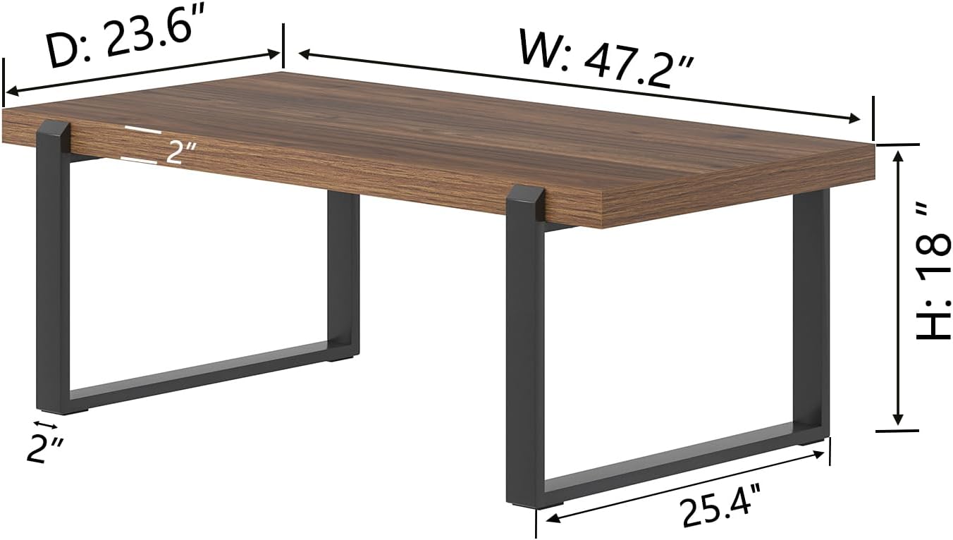 FOLUBAN Modern Coffee Table, Rustic Wood and Metal Center Table, Industrial Rectangle Cocktail Tea Table for Living Room, Walnut, 47 Inch