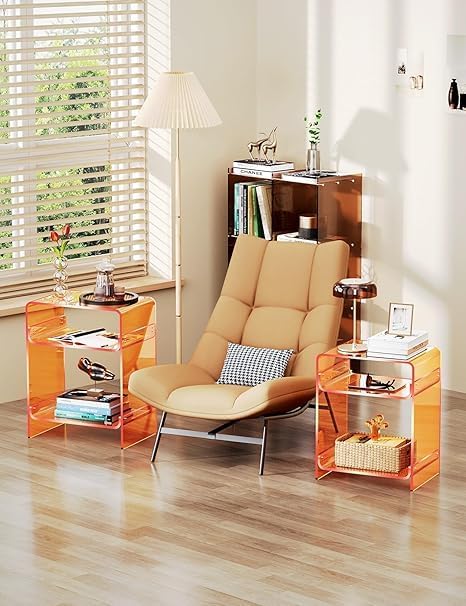 Acrylic Record Player Table with Storage Shelf, Clear Side Table Nightstand (Orange)