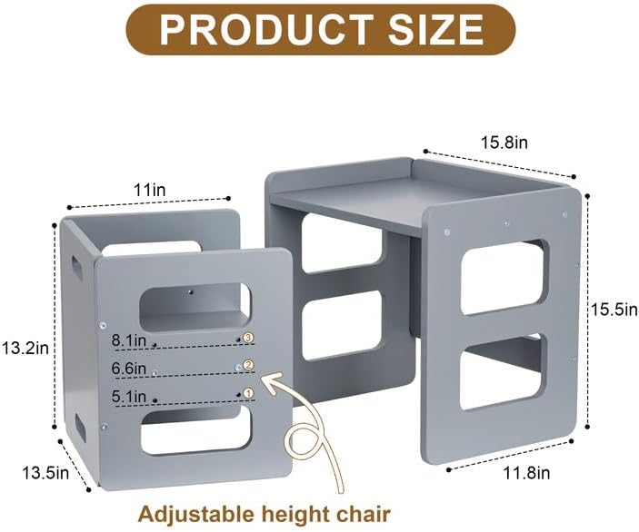 Montessori Weaning Table and Chair Set for Toddler and Baby, Kids Table and Chair Set- Solid Wood Toddler Furniture with Adjustable Height, Step Stool, for 1-3 Year Old Kids - Grey