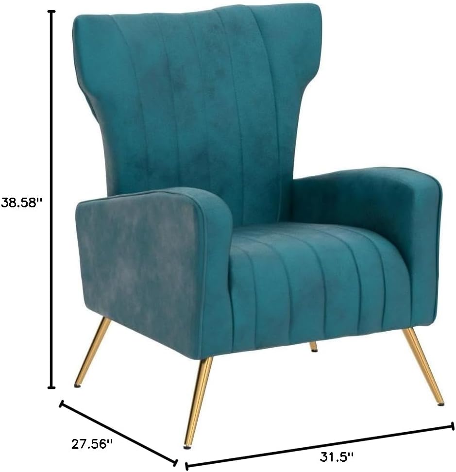 Container Furniture Direct Modern Velvet Accent Chair, Channel Tufted Bedroom, Office or Living Room Furniture with Elegant Metal Legs, 26" Wide Armchair, Blueish Green