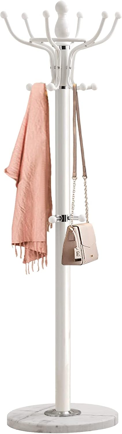 Kertnic Freestanding Coat Rack with 16 Hooks & Marble Base - Heavy Duty Metal Hall Tree Stand for Entryway, Hats, Coats, Bags Rack- Modern Hanger Organizer for Home, Office, Dorm (16 hooks -White)