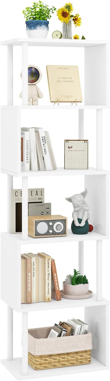 IBUYKE 6-Tier Tall Bookshelf,S-Shaped Geometric Bookcase, Wood Display Shelves with Storage,Modern Bookshelf for Living Room Bedroom, Home Office, White WBC016W